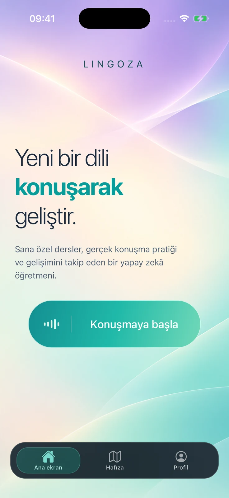 Lingoza — konuşma pratiği ana ekranı